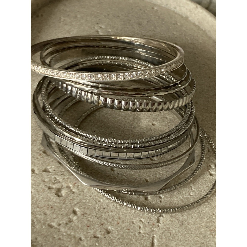 Silver Tone Bangle Bracelet Set‎ Of 12 Layering Stackable Everyday Wear